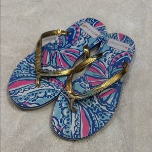 Lilly Pulitzer Gold-Strap Flip Flops with Blue & Pink Pattern